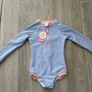 Ruffle Butts Blue and White Stripe Long Sleeve Rashguard with Pink Trim